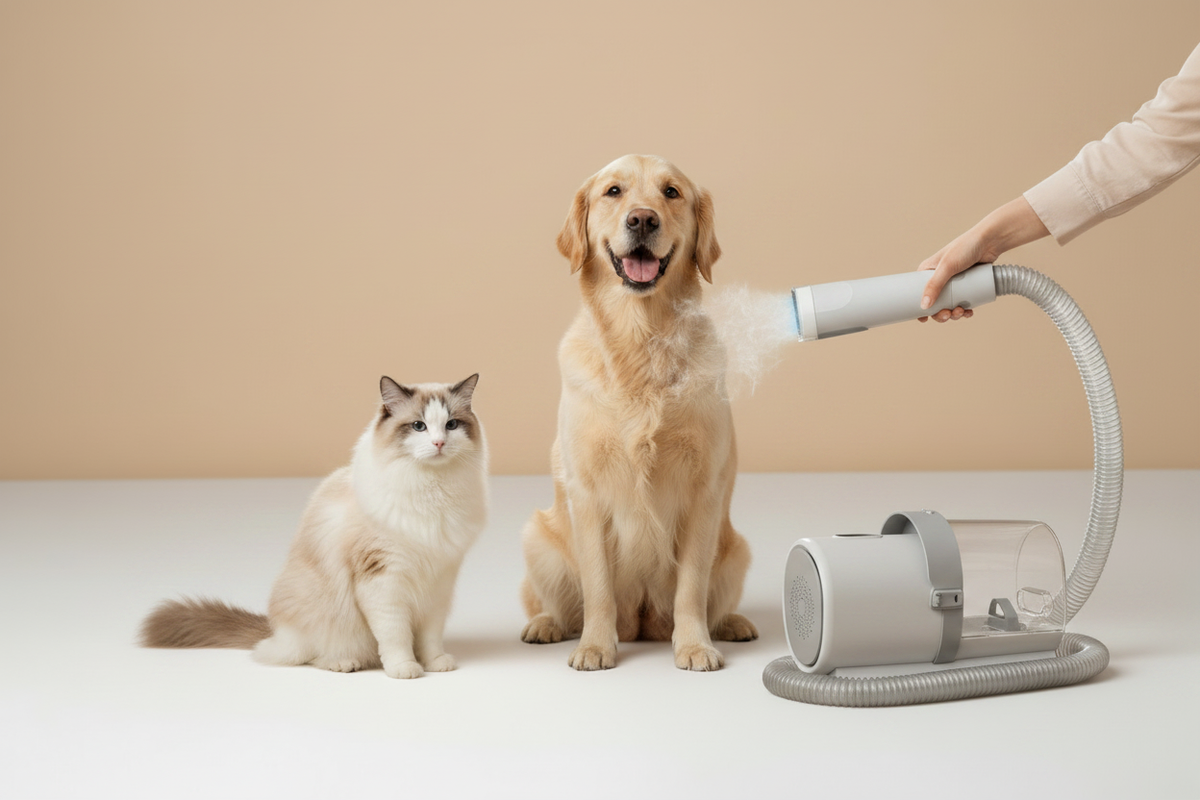 Persian Cat and Labrador with Pet Vacuum Grooming